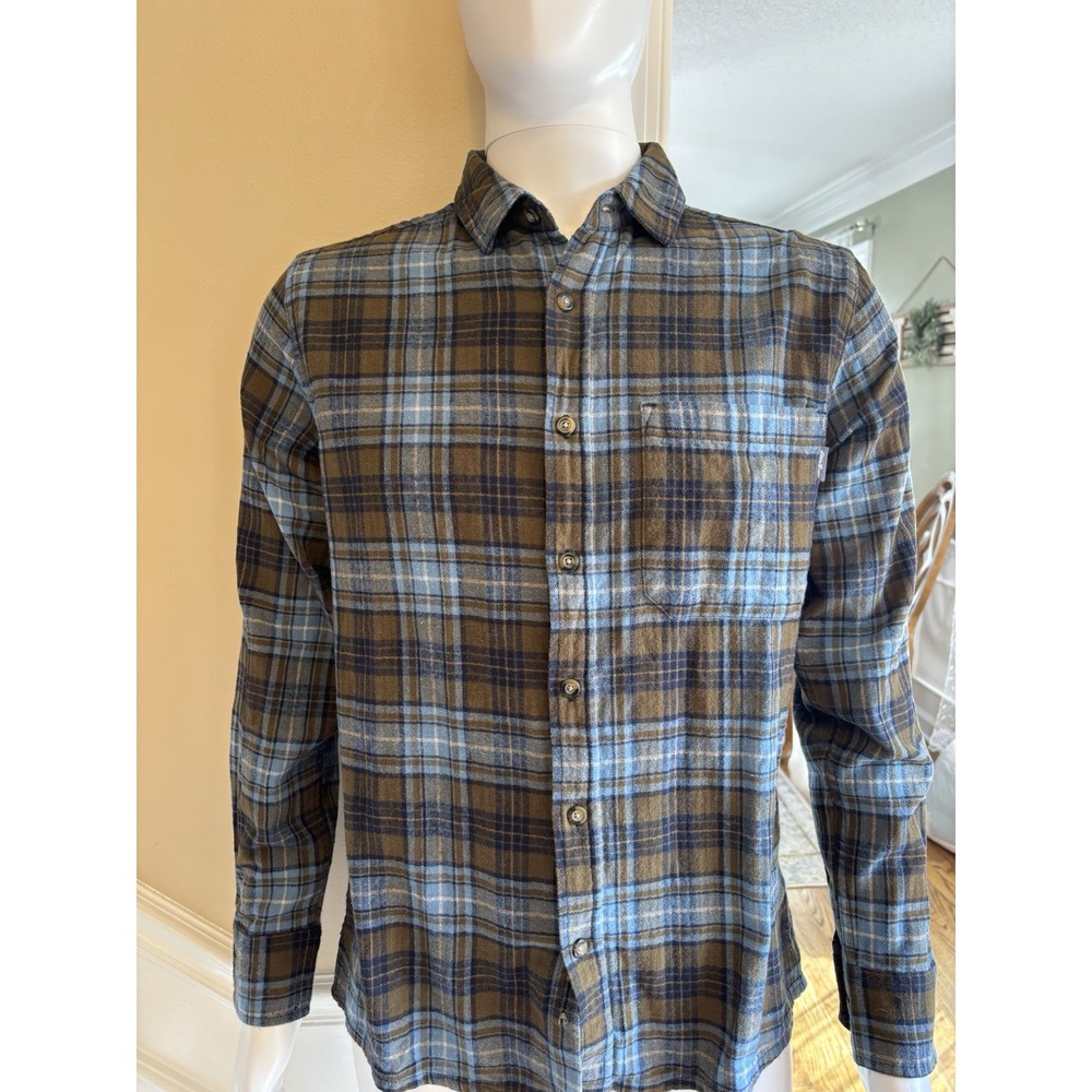 Eddie Bauer Men's Small‎ Plaid Flannel Outdoors Hiking Brown Blue Button Down